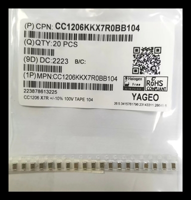 خازن های سرامیکی چند لایه پوشش X7R 1206 MLCC 104K / 100V